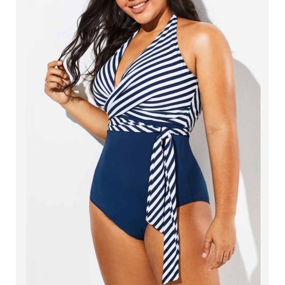 Meet.Curve Navy Blue Striped Halter Wrap One Piece Swimsuit Nautical Swimwear‎